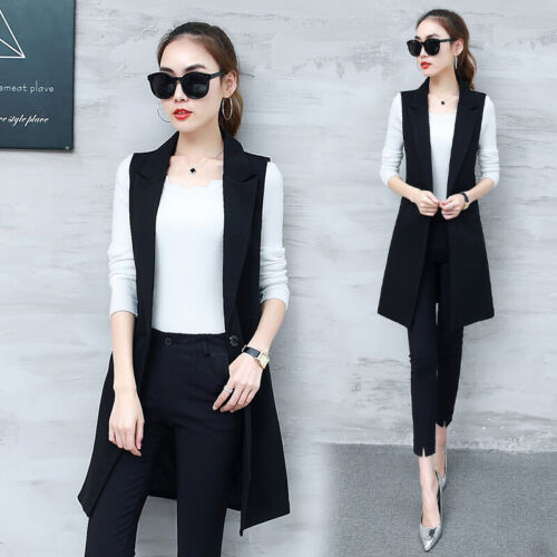 Women Sleeveless Lapel Coat Long Cardigan Jacket Suit Elegant Waistcoat Vest NEW - Picture 2 of 14