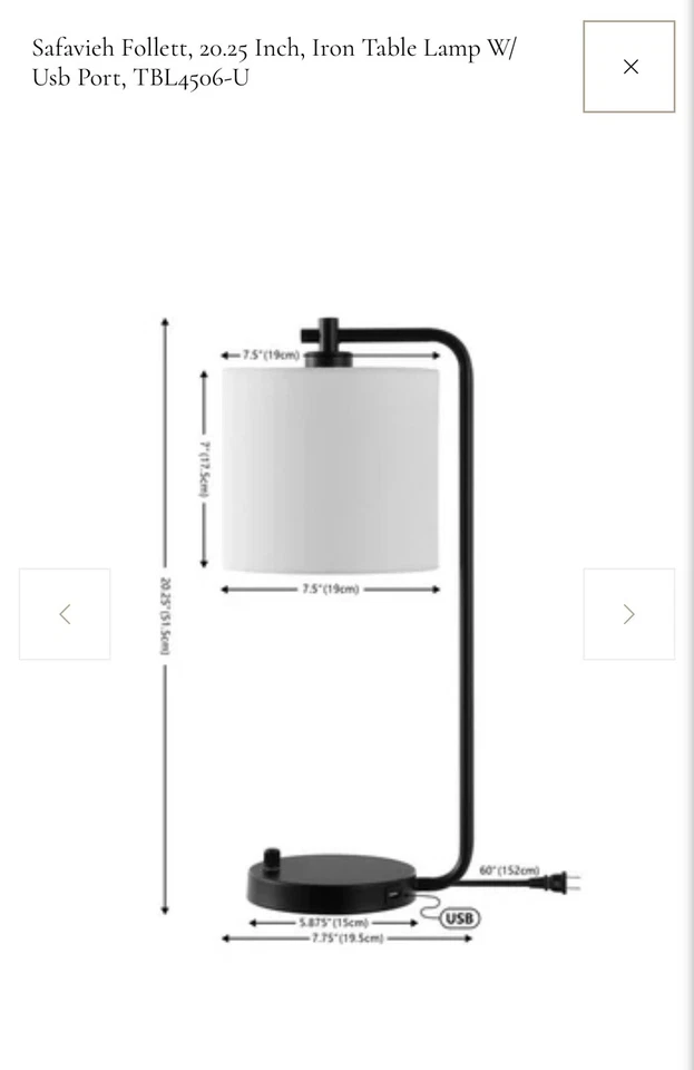 Safavieh Follett, 20.25 Inch, Iron Table Lamp W/ Usb Port, TBL4506-U - Image 3 of 3