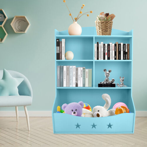 Toy Chest Kids Cabinet Freestanding Storage Organizer Bookcase with Drawer Blue