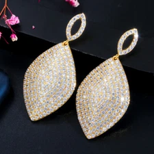 Yellow Gold Plated CZ 925 Silver Big Long Leaf Drop Wedding Earrings for Brides