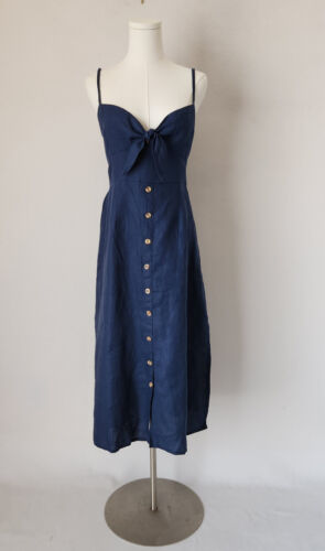 Faithfull the Brand Charlotte Linen Midi Dress Sweetheart Bow Smocked Navy Sz.8