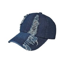 Distressed Base Ball Cap Ripped Denim Hat For Women Or Men Solid Blue Peak Hat