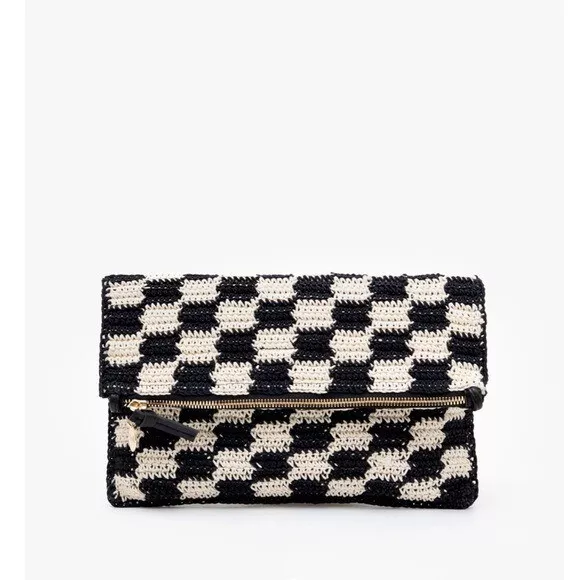 Clare V. Woven Checker Foldover Clutch w/ Tabs in Black - Bliss Boutiques