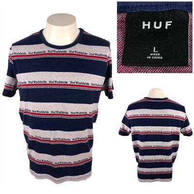 HUF Mens Large Shirt Striped Multicolor All Over 100% Cotton Short Sleeve Rare