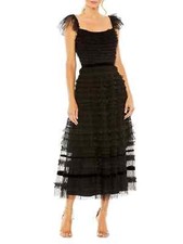 Mac Duggal Black Tiered Ruffle Tulle Cocktail Midi Dress Size 8 $598