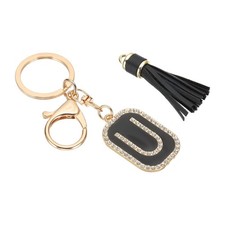 Initial Letter Keychain Cubic Crystal Keychain with Tassel Letter U Black/Gold