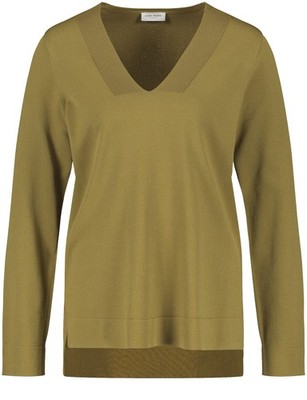 GERRY WEBER Damen Pullover Gr. 40 Olivgrün V-Ausschnitt Feinstrick Langarm Neu