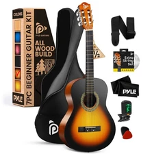 Pyle 34 " Beginner Acoustic Guitar Kit, 1/2 Junior Size All Wood Instrument