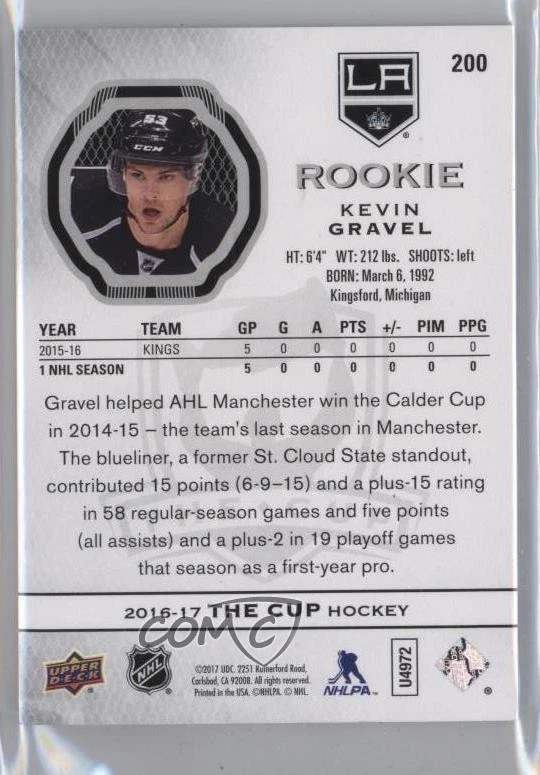 2016-17 Upper Deck The Cup Rookie /249 Kevin Gravel #200 Rookie RC - Image 2 of 2