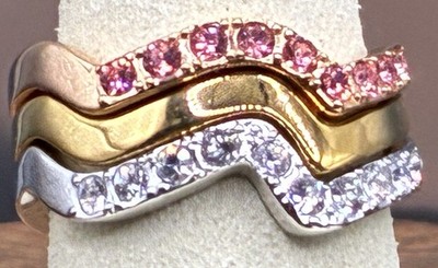 Touchstone, 3 Ring, 2 Crystal, 3 Metal Color Rhodium Plated Zigzag Ring Set S8