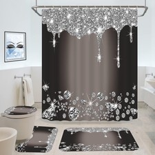 4 Pcs Glitter Diamond Shower Curtain Sets, Black Silver Shiny Drips Bath Decor w