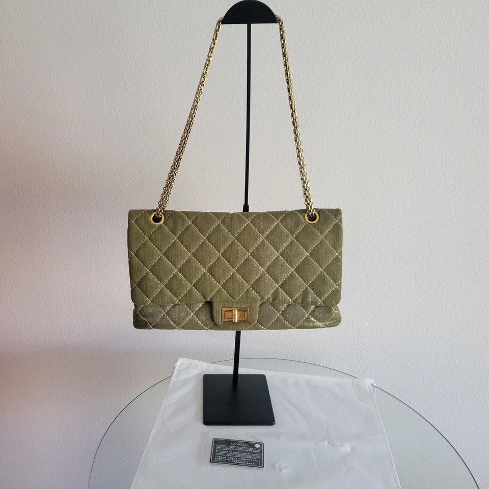 Chanel Khaki Metallic Coated Denim 2.55 Reissue 227 Double Flap Bag - Image 3 of 4