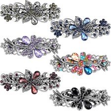 6 Vintage Flower Hair Barrettes Clips - Retro Pearl Crystal Rhinestones Pins