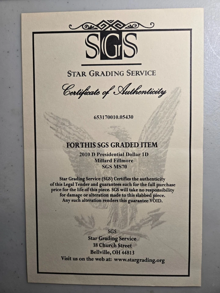 2010 D proof presidential dollar Millard Fillmore SGS MS70 - Image 3 of 3