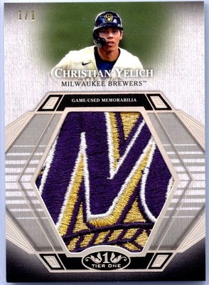 CHRISTIAN YELICH 2022 TOPPS TIER ONE GAME USED TEAM LOGO JERSEY PATCH SP 1/1