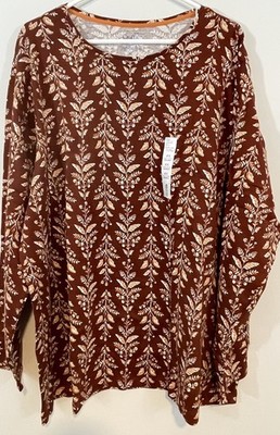 NEW Croft Barrow Classic Tee Shirt top Womens 4X rust long sleeve brown feather