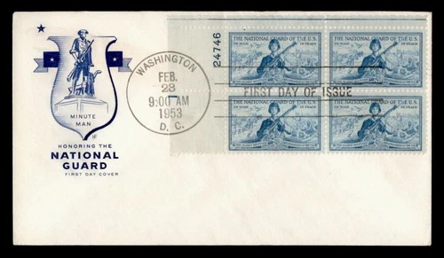 DR WHO 1953 FDC NATIONAL GUARD PLATE BLOCK FARNAM CACHET M78234