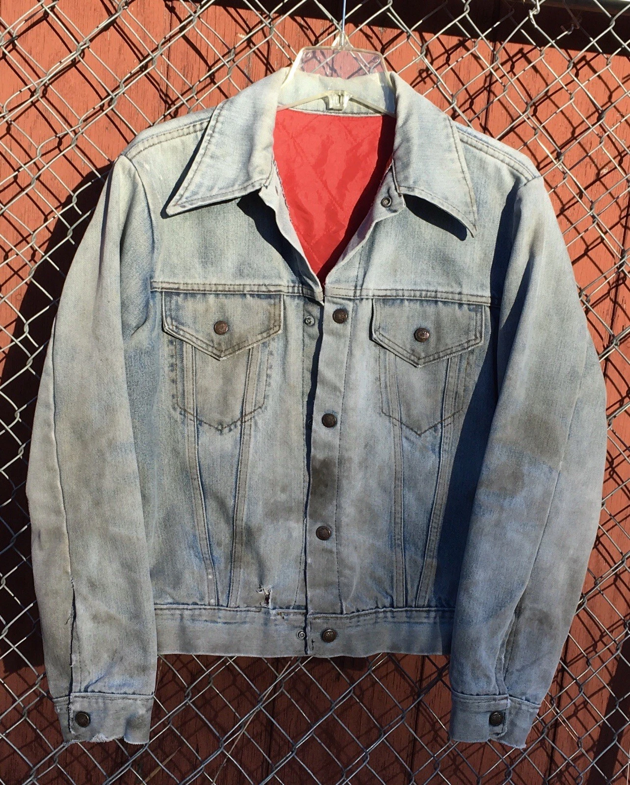 Vintage Denim Jean Jacket Light Blue Red Liner Snap Button Closure