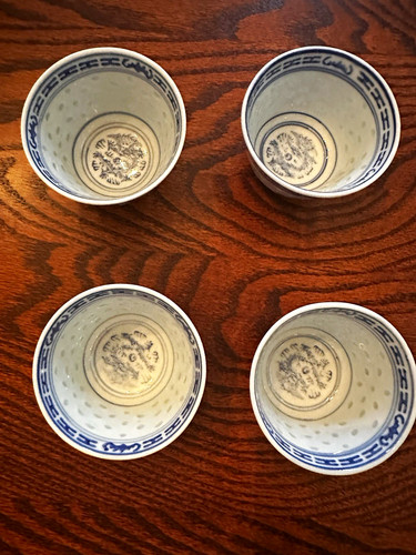 Set of 4 Blue & White Chinese Porcelain Tea Cups, Made in China