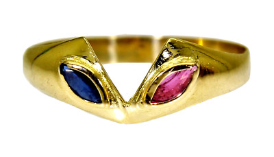 Marquise Rubin & Saphir Katzenauge 18kt Gelbgold Wishbone Ring Gr. P ~ 7 3/4