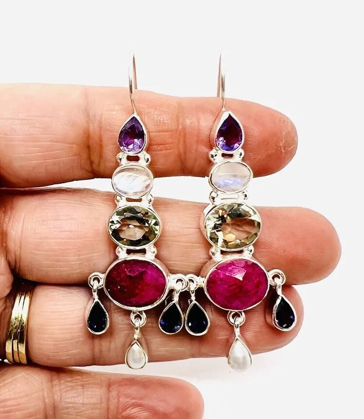 Large Sterling Silver Ruby & Multi Gemstone Drop … - image 1