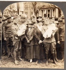 WW1 Happy Reunion for Home Coming Soldier Fathers.   Stereoview Photo