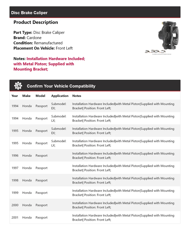 For 1994-2001 Honda Passport Disc Brake Caliper Front Left Cardone 1995 1996 - Image 2 of 4