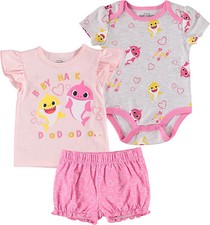 NEW Pinkfong Baby Shark Girls 3 Pc Set sz 6-9 mo. w/ t-shirt, bodysuit shorts