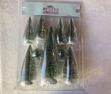MY LITTLE CHRISTMAS, PACKAGE OF 9 MINIATURE FLOCKED BOTTLE BRUSH CHRISTMAS TREES