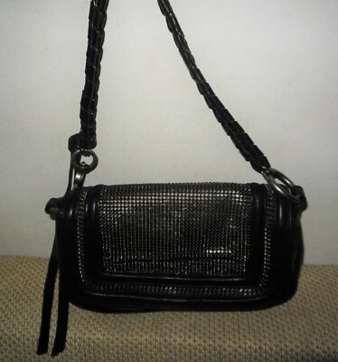 Pochette Soirée BCBGMAXAZRIA Cuir Noir Avec Insertion Maille - Porte-monnaie & Sac à Main (Neuf Avec étiquettes)