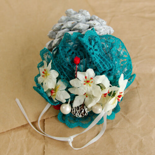 4" Frosted Winter Pinecone Rustic Christmas Ornament Farmhouse Lace Silk Flowers - Picture 3 of 3