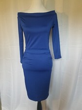 long-sleeved, electric blue bodycon dress w/ boat neck and pockets