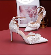 Unique High Heels Wedding White Ivory Lace Party Bridal Bridesmaid Heeled shoes