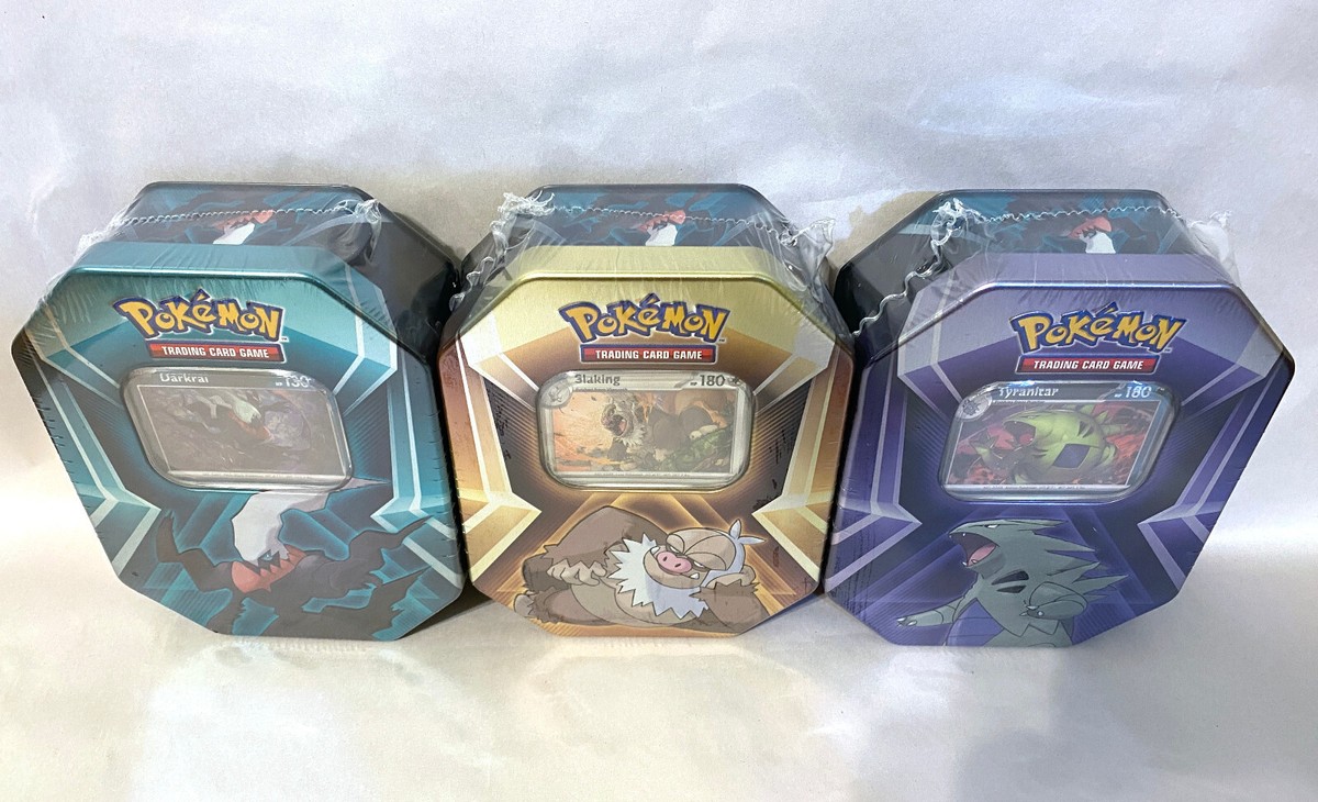 are family dollar pokémon cards real 3x Pokemon Triple Whammy Tin Lot - Tyranitar Darkrai Slaking - ENGLISH -  SEALED