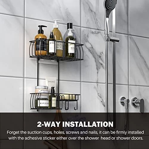Shower Caddy Hanging, Anti-Swing Over Head Shower Caddy Rustproof with Hooks