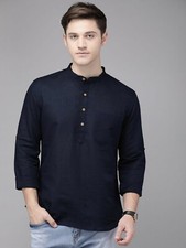 Short Traditional Blue kurta For Men's Cotton Casual Solid Kurta