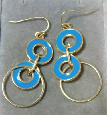 Nwt ' Dore' Goldfarben Blau Emaille Rund Lang Draht Haken Ohrringe 3h89