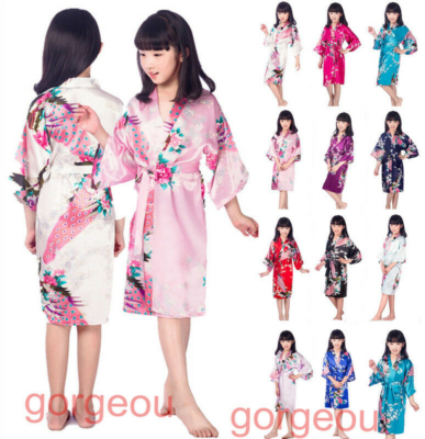 childrens silk dressing gown Satin Silk Flower Girls Child Kimono Robe Nightwear Wedding Dressing Gown  2-14