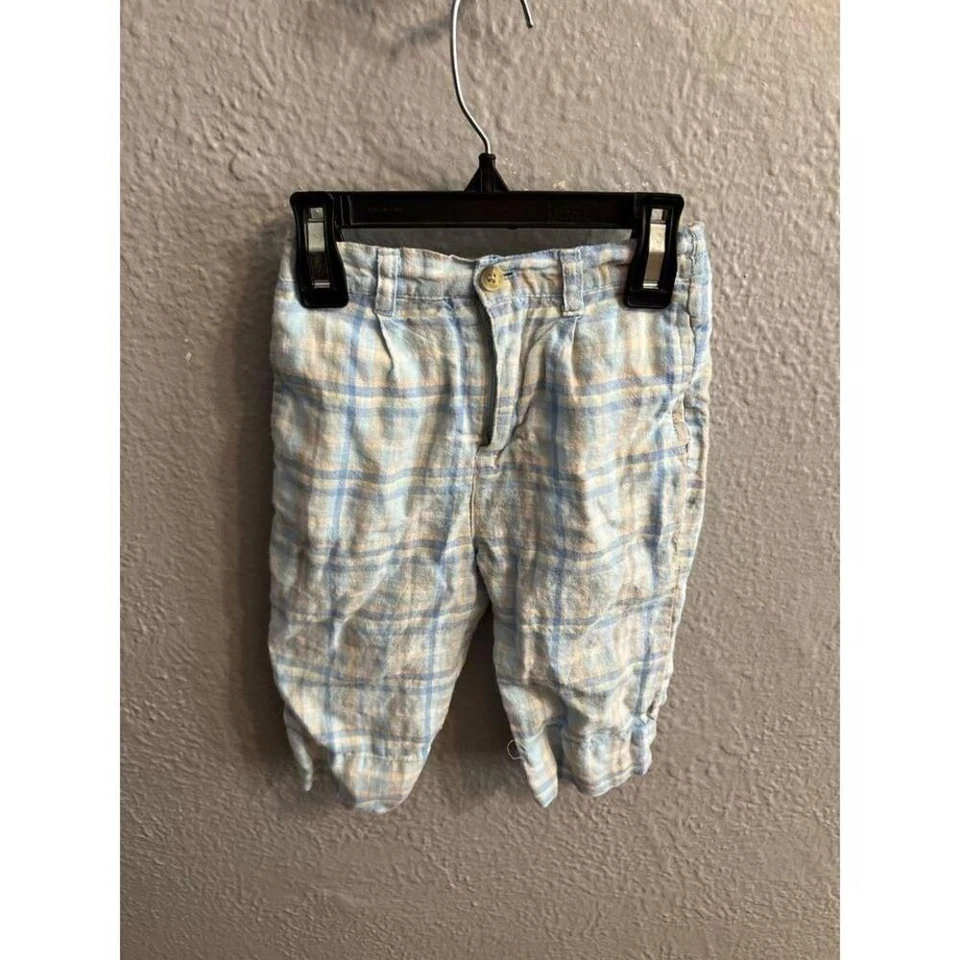 Boys children's place blue plaid linen pants size 6/9 months - Image 2 of 4