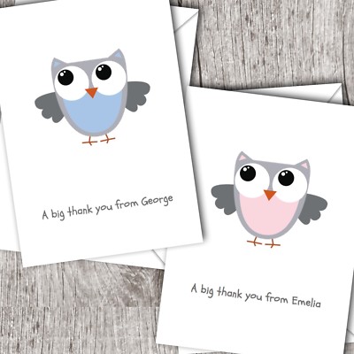 Folded Personalised Baby Thank You Cards ~ Girl & Boy   Owl2 ~ Fast Post