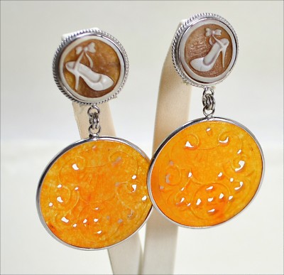 OHRRINGE SILBER 925 MIT SARDONISCHER KAMEE UND ORANGE JADE AGHT 0304