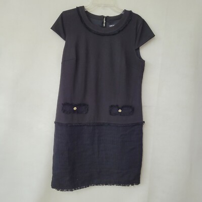 Karl Lagerfeld Dress Women 12 Black Ponte Cap Sleeve Tweed Fringe Lined Back Zip