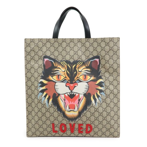 GUCCI GG Supreme Leather Tigar Tote Bag Beige Black 450950 Authentic Used F/S
