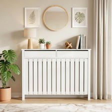 Image of Large Radiator Cover with Drawers and Vertical Slats, Heating Cover White