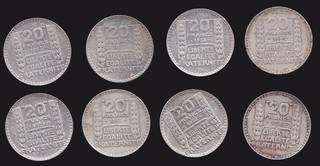 Lot de 8 Pièces 20 francs Argent Turin 1929 1933 x2 1934 x2 1937 1938 x 2