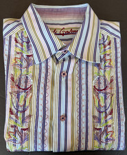 Robert Graham Embroidered Shirt Mens XL Stripe Cotton Long Sleeve Button Front