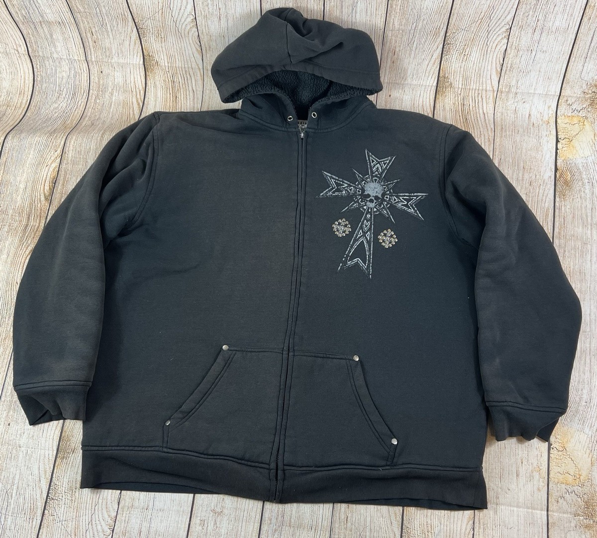 Hybrid Threads Y2K Skull Cross Wings Full Zip Hoodie Jacket Black