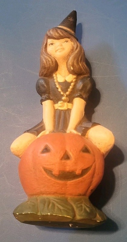 Vintage 1960s pinup Witch brunette lady in dress pumpkin figurine decoration