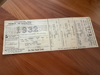 FREE SHIP! 1932 Ephemera - Application for Pneumatic Tire Registration Maryland