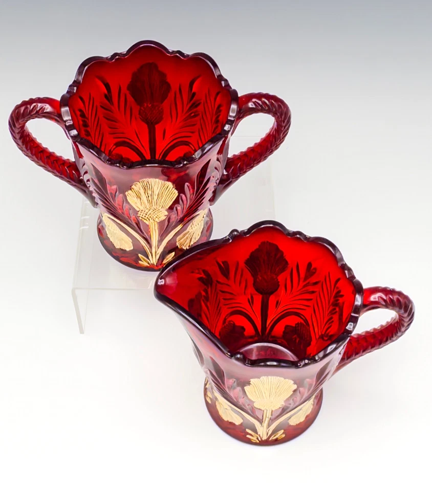 Mosser Glass Inverted Thistle Sugar Creamer Set Ruby Glass Gold Decoration - Image 3 of 4